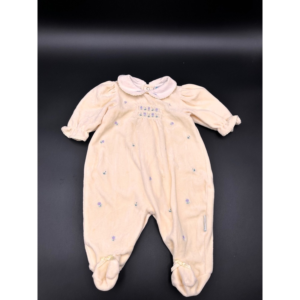 Vintage Little Me Baby Cream Floral Embroidered Footed Romper Sleepwear 3 Months